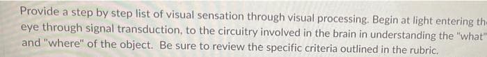 Provide a step by step list of visual sensation through visual processing. Begin at light entering the
eye through signal transduction, to the circuitry involved in the brain in understanding the "what"
and "where" of the object. Be sure to review the specific criteria outlined in the rubric.
