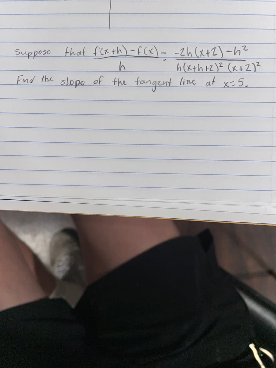 Suppose that fK th)-f(x)- -2h (x+Z) -h?
h(xth+2)Z (x+2)?
line at x=5,
Find the slope of the tangent
