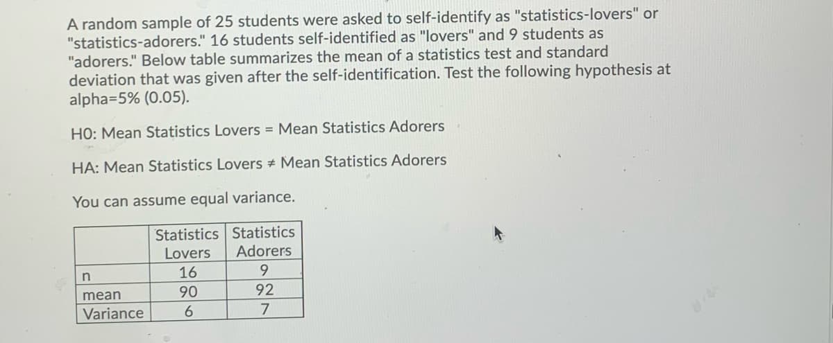 A random sample of 25 students were asked to self-identify as "statistics-lovers" or
"statistics-adorers." 16 students self-identified as "lovers" and 9 students as
"adorers." Below table summarizes the mean of a statistics test and standard
deviation that was given after the self-identification. Test the following hypothesis at
alpha=5% (0.05).
HO: Mean Statistics Lovers = Mean Statistics Adorers
HA: Mean Statistics Lovers # Mean Statistics Adorers
You can assume equal variance.
Statistics Statistics
Lovers
Adorers
16
9.
mean
90
92
Variance
6
7
