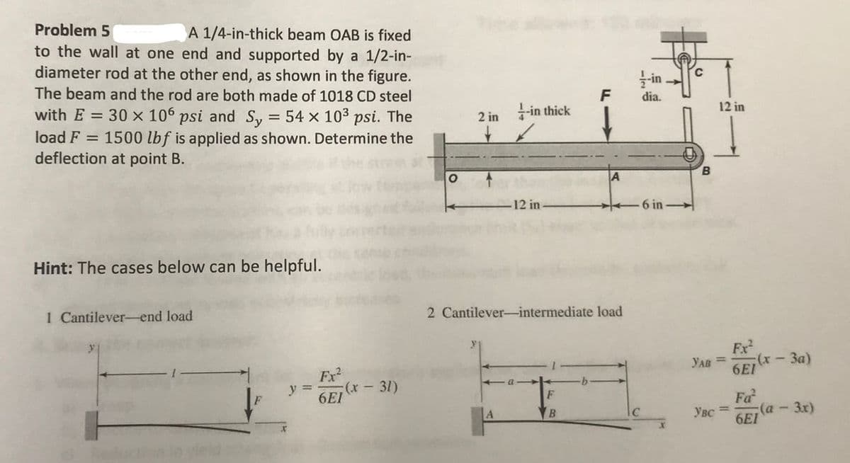 Problem 5
A 1/4-in-thick beam OAB is fixed
to the wall at one end and supported by a 1/2-in-
diameter rod at the other end, as shown in the figure.
in
F
The beam and the rod are both made of 1018 CD steel
dia.
with E = 30 x 106 psi and Sy
= 54 x 103 psi. The
1500 lbf is applied as shown. Determine the
12 in
2 in -in thick
load F
deflection at point B.
A
-12 in
6 in
Hint: The cases below can be helpful.
1 Cantilever- end load
2 Cantilever-intermediate load
Fx
Fx
YAB=
6EI
(x -
- 3a)
y =
(31)
6EI
F
Fa
6EI
Увс
(a - 3x)
