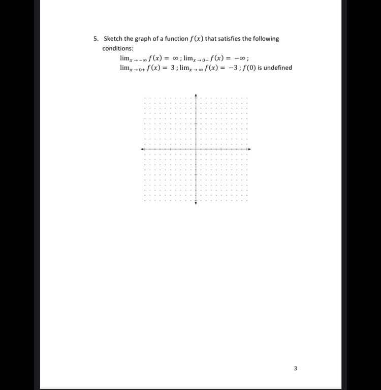 5. Sketch the graph of a function f(x) that satisfies the following
conditions:
lim, -o f(x) = 0; lim, -0- f(x) = -0;
lim, - 0+ f(x) = 3; lim, - o f (x) = -3;f(0) is undefined
--00
