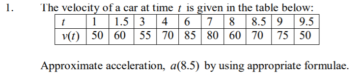 The velocity of a car at time t is given in the table below:
4 6
1.
1.5 | 3
| 55 70 85 80 60 | 70 | 75 50
t
1
7
8
8.5 9
9.5
v(t) | 50 | 60
Approximate acceleration, a(8.5) by using appropriate formulae.
