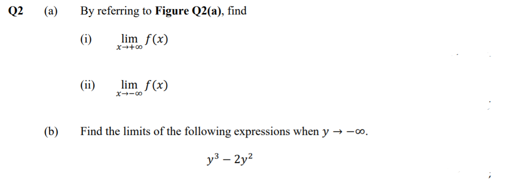 Q2
(a)
By referring to Figure Q2(a), find
(i)
lim f(x)
(ii)
lim f(x)
X→ー0
(b)
Find the limits of the following expressions when y → -o.
y3 – 2y2
