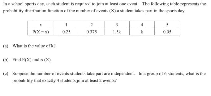 In a school sports day, each student is required to join at least one event. The following table represents the
probability distribution function of the number of events (X) a student takes part in the sports day.
X
1
2
3
4
5
P(X = x)
0.25
0.375
1.5k
k
0.05
(a) What is the value of k?
(b) Find E(X) and o (X).
(c) Suppose the number of events students take part are independent. In a group of 6 students, what is the
probability that exactly 4 students join at least 2 events?
