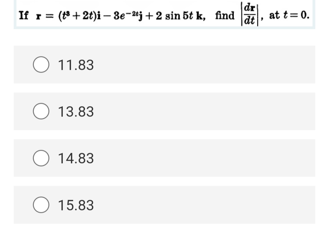 If r = (8+2t)i – 3e-tj + 2 sin 5t k, find
|dr
at t= 0.
dt
11.83
O 13.83
14.83
15.83
