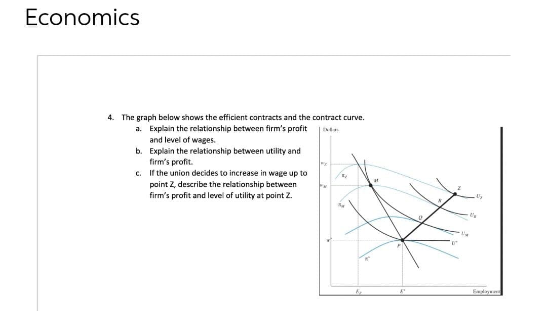 Economics
4. The graph below shows the efficient contracts and the contract curve.
a. Explain the relationship between firm's profit
and level of wages.
Dollars
b. Explain the relationship between utility and
firm's profit.
c. If the union decides to increase in wage up to
point Z, describe the relationship between
firm's profit and level of utility at point Z.
WM
Uz
UR
Employment
