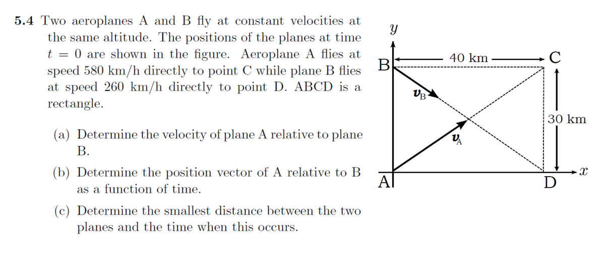 5.4 Two aeroplanes A and B fly at constant velocities at
the same altitude. The positions of the planes at time
t = 0 are shown in the figure. Aeroplane A flies at
speed 580 km/h directly to point C while plane B flies
at speed 260 km/h directly to point D. ABCD is a
rectangle.
40 km
C
В
30 km
(a) Determine the velocity of plane A relative to plane
В.
(b) Determine the position vector of A relative to B
A
D
as a function of time.
(c) Determine the smallest distance between the two
planes and the time when this occurs.

