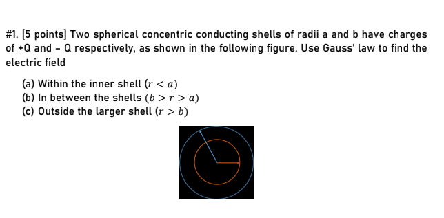 #1. [5 points] Two spherical concentric conducting shells of radii a and b have charges
of +Q and - Q respectively, as shown in the following figure. Use Gauss' law to find the
electric field
(a) Within the inner shell (r < a)
(b) In between the shells (b >r > a)
(c) Outside the larger shell (r > b)
