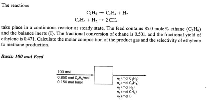 The reactions
C;H4 + H2
C;H, + H2 → 2 CH4
take place in a continuous reactor at steady state. The feed contains 85.0 mole % ethane (C,H6)
and the balance inerts (I). The fractional conversion of ethane is 0.501, and the fractional yield of
ethylene is 0.471. Calculate the molar composition of the product gas and the selectivity of ethylene
to methane production.
Basis: 100 mol Feed
100 mol
0.850 mol C2Hg/mol
0.150 mol l/mol
ni (mol C2Hg)
n2 (mol C2H4)
ng (mol H2)
na (mol CHA)
n5 (mol I)
