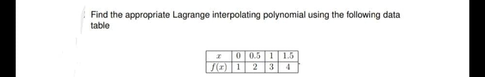 Find the appropriate Lagrange interpolating polynomial using the following data
table
X
0
0.5
f(x) 1 2
1 1.5
3
4