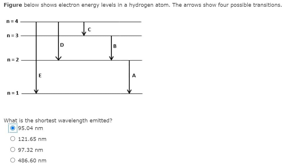 Figure below shows electron energy levels in a hydrogen atom. The arrows show four possible transitions.
n = 4
n = 3
D
B
n= 2
A
n = 1
What is the shortest wavelength emitted?
O 95.04 nm
.....
O 121.65 nm
O 97.32 nm
O 486.60 nm
