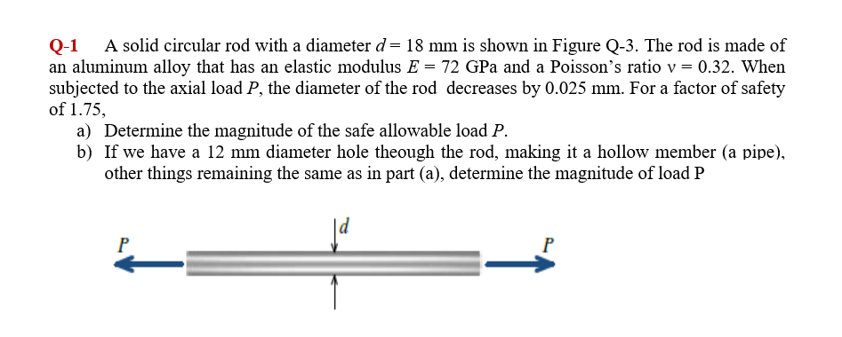Q-1
A solid circular rod with a diameter d= 18 mm is shown in Figure Q-3. The rod is made of
an aluminum alloy that has an elastic modulus E = 72 GPa and a Poisson's ratio v = 0.32. When
subjected to the axial load P, the diameter of the rod decreases by 0.025 mm. For a factor of safety
of 1.75,
a) Determine the magnitude of the safe allowable load P.
b) If we have a 12 mm diameter hole theough the rod, making it a hollow member (a pipe),
other things remaining the same as in part (a), determine the magnitude of load P
P
