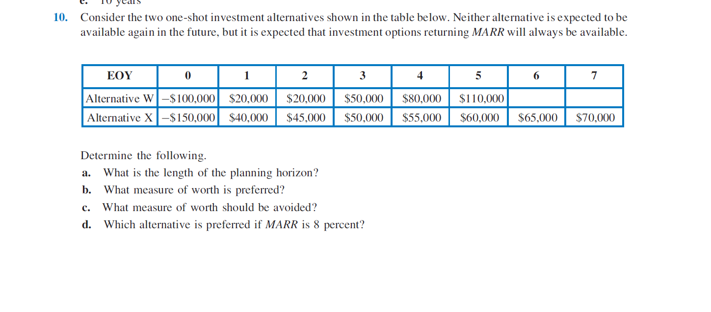 10.
Consider the two one-shot investment alternatives shown in the table below. Neither alternative is expected to be
available again in the future, but it is expected that investment options returning MARR will always be available
EOY
1
2
3
6
7
Alternative W-$100,000
$50,000
$80,000
$20,000
$20,000
$110,000
Alternative X-$150,000
$60,000
$40,000
$45,000
$50,000
$55,000
$65,000
$70,000
Determine the following.
What is the length of the planning horizon?
а.
What measure of worth is preferred?
b.
What measure of worth should be avoided?
с.
Which alternative is preferred if MARR is 8 percent?
d.
