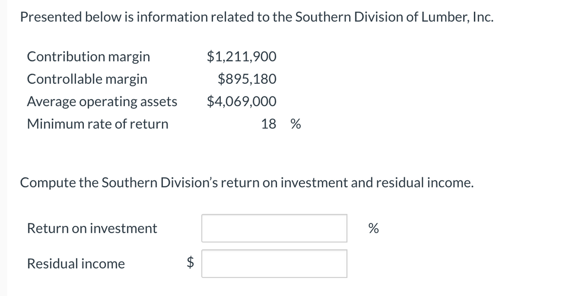 Presented below is information related to the Southern Division of Lumber, Inc.
Contribution margin
$1,211,900
Controllable margin
$895,180
Average operating assets
$4,069,000
Minimum rate of return
18 %
Compute the Southern Division's return on investment and residual income.
Return on investment
Residual income
%24
