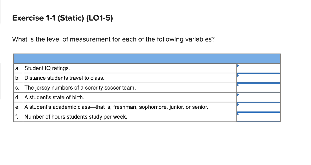 Exercise 1-1 (Static) (LO1-5)
What is the level of measurement for each of the following variables?
a. Student IQ ratings.
b. Distance students travel to class.
C.
The jersey numbers of a sorority soccer team.
d. A student's state of birth.
e. A student's academic class-that is, freshman, sophomore, junior, or senior.
f.
Number of hours students study per week.
