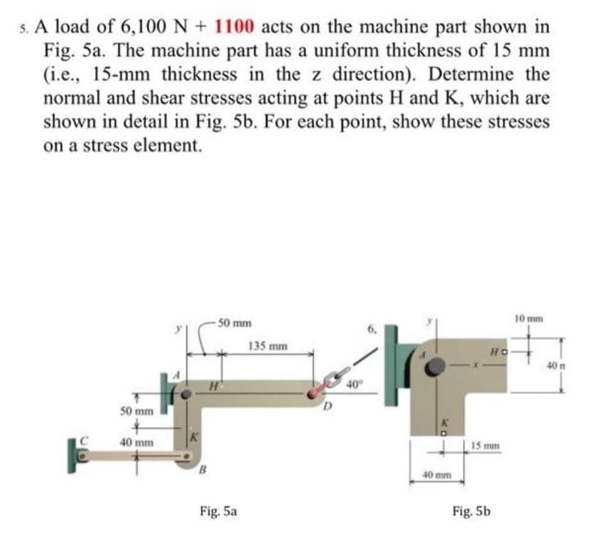 5. A load of 6,100 N + 1100 acts on the machine part shown in
Fig. 5a. The machine part has a uniform thickness of 15 mm
(i.e., 15-mm thickness in the z direction). Determine the
normal and shear stresses acting at points H and K, which are
shown in detail in Fig. 5b. For each point, show these stresses
on a stress element.
10 mm
-50 mm
50 mm
40 mm
K
B
Fig. 5a
135 mm
D
40°
K
40 mm
Ho
15 mm
Fig. 5b
40 m