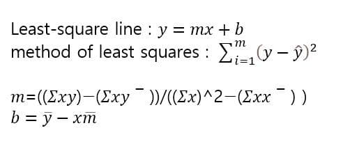 Least-square line : y = mx + b
method of least squares: [(y- y)²
m
1=((Exy)—(Exy ¯ ))/((Ex)^2-([xx ¯¯ ) )
b = y - xm