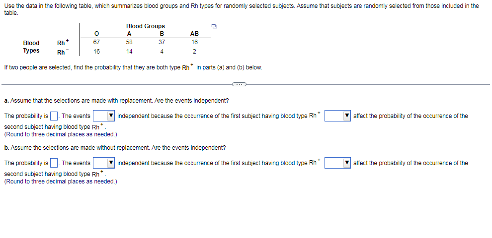 Use the data in the following table, which summarizes blood groups and Rh types for randomly selected subjects. Assume that subjects are randomly selected from those included in the
table.
Blood Groups
A
В
AB
Blood
Rh*
67
58
37
16
Туpes
Rh
16
14
4
2
If two people are selected, find the probability that they are both type Rh* in parts (a) and (b) below.
a. Assume that the selections are made with replacement. Are the events independent?
The probability is. The events
independent because the occurrence of the first subject having blood type Rh
affect the probability of the occurrence of the
second subject having blood type Rh*
(Round to three decimal places as needed.)
b. Assume the selections are made without replacement. Are the events independent?
The probability is . The events
independent because the occurrence of the first subject having blood type Rh
V affect the probability of the occurrence of the
second subject having blood type Rh*
(Round to three decimal places as needed.)
