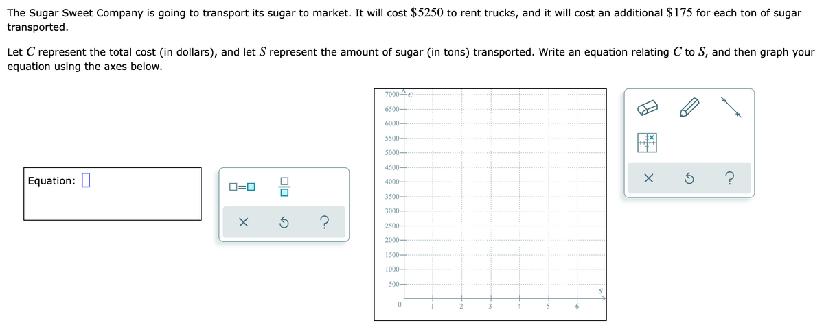 The Sugar Sweet Company is going to transport its sugar to market. It will cost $5250 to rent trucks, and it will cost an additional $175 for each ton of sugar
transported.
Let C represent the total cost (in dollars), and let S represent the amount of sugar (in tons) transported. Write an equation relating C to S, and then graph your
equation using the axes below.
7000 4
6500
6000
5500-
5000
4500-
Equation: ]
4000
D=0
3500-
3000-
?
2500
2000
1500-
1000-
500-
S
1
3
4
6.
