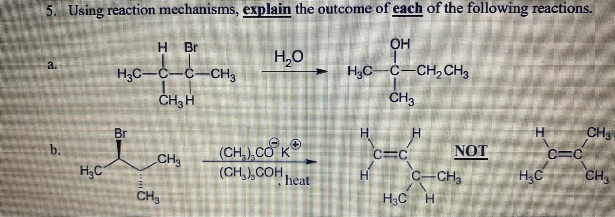 5. Using reaction mechanisms, explain the outcome of each of the following reactions.
H Br
OH
H,0
a.
H3C-C-C-CH3
H3C-C-CH,CH3
CH3H
CH3
Br
H.
H.
CH3
(CH,),CO K
(CH,),COH heat
b.
C C
NOT
C C
CH3
H,C
C-CH3
H,C
CH3
H.
CH3
H3C
H.
