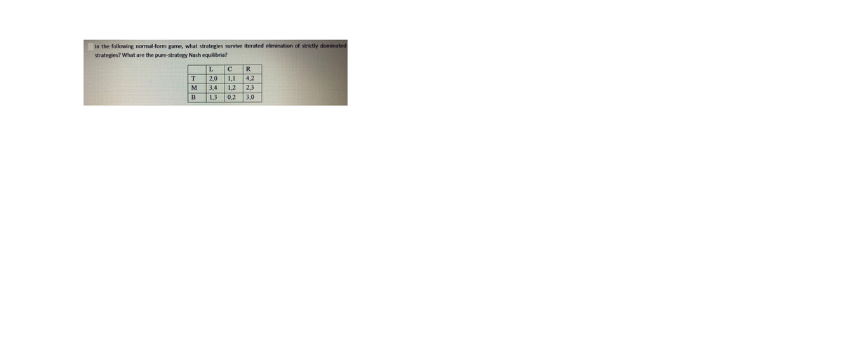 In the following normal-form game, what strategies survive iterated elimination of strictly dominated
strategies? What are the pure-strategy Nash equilibria?
L
R
T
2,0
1,1
4,2
M
3,4
1,2
2,3
1,3
0,2
3,0
