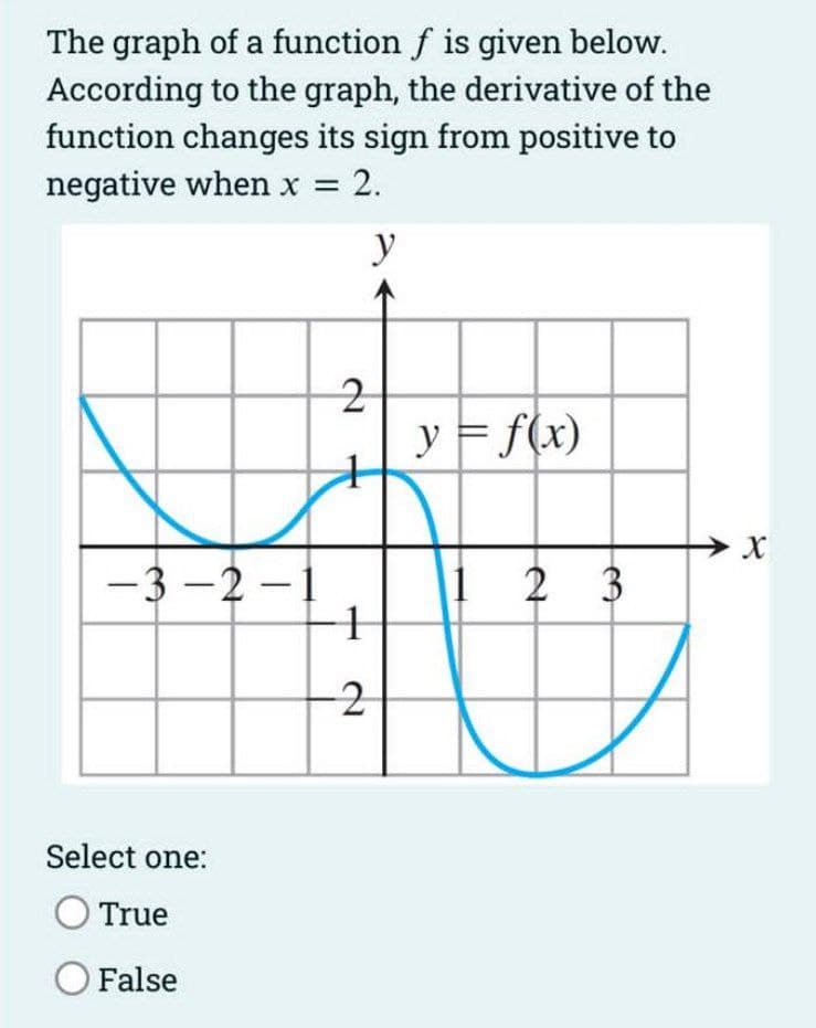 The graph of a function f is given below.
According to the graph, the derivative of the
function changes its sign from positive to
negative when x = 2.
%3D
y
y = f(x)
-3 -2 –1
|1 2 3
Select one:
True
O False
