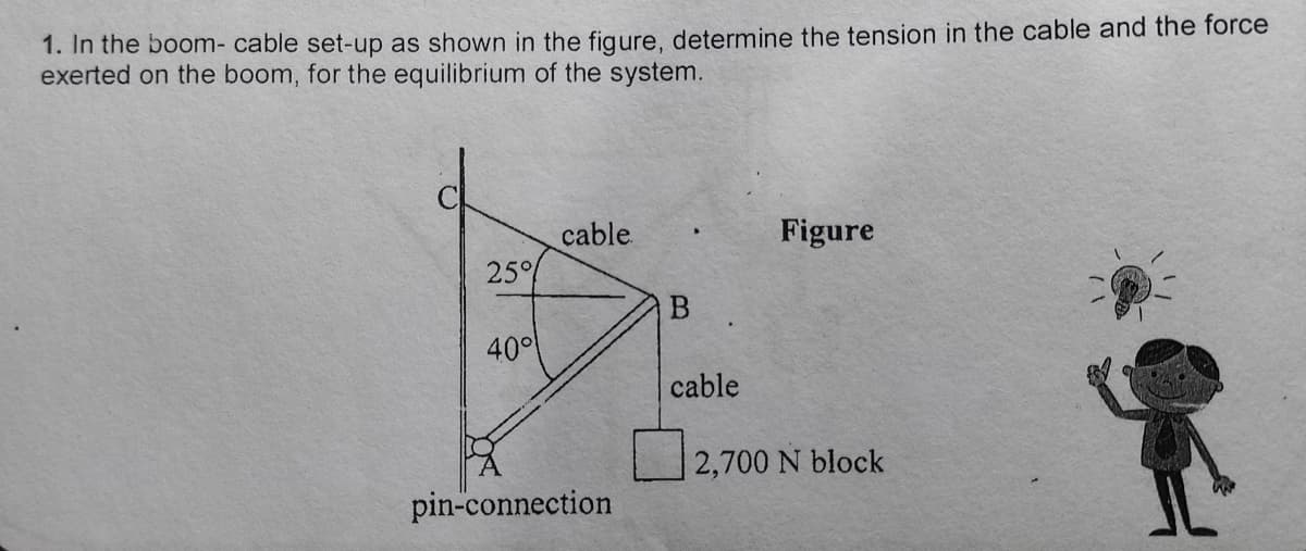 1. In the boom- cable set-up as shown in the figure, determine the tension in the cable and the force
exerted on the boom, for the equilibrium of the system.
Figure
cable.
25%
B
40°
cable
2,700 N block
pin-connection

