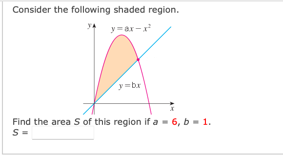 Consider the following shaded region.
yA
y = ax- x?
y=bx
Find the area S of this region if a = 6, b = 1.
S =
