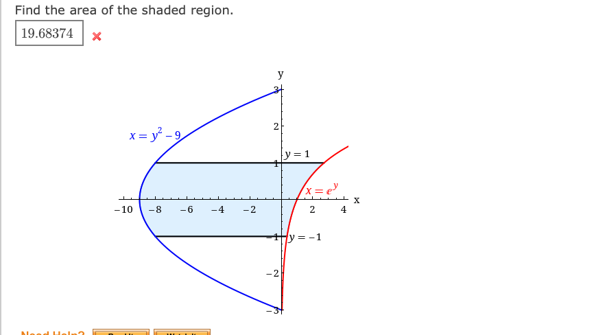 Find the area of the shaded region.
19.68374 x
y
x = y° -9
y = 1
x= e"
- 10
-8
-6
-4
-2
4
Hy = -1
-2
nd H
