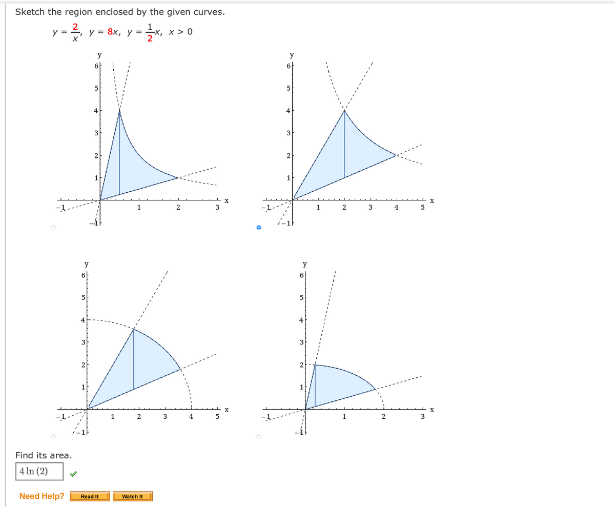 Sketch the region enclosed by the given curves.
y =
y = 8x, y =
х, X> 0
y
y
6H
6H
5
5
4
3
3
2
2
1
1
-1-
3
4
y
y
6F
5
5
4
4
3
3
2
1
3
4
1
2
3
Find its area.
4 In (2)
Need Help?
Read It
Watch It
