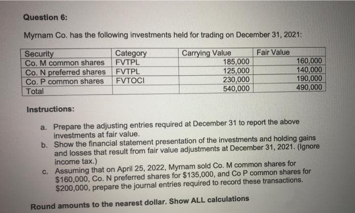 Question 6:
Myrnam Co. has the following investments held for trading on December 31, 2021:
Carrying Value
185,000
125,000
230,000
540,000
Fair Value
Category
FVTPL
Security
Co. M common shares
Co. N preferred shares
Co. P common shares
160,000
140,000
190,000
490,000
FVTPL
FVTOCI
Total
Instructions:
a. Prepare the adjusting entries required at December 31 to report the above
investments at fair value.
b. Show the financial statement presentation of the investments and holding gains
and losses that result from fair value adjustments at December 31, 2021. (Ignore
income tax.)
c. Assuming that on April 25, 2022, Myrnam sold Co. M common shares for
$160,000, Co. N preferred shares for $135,000, and Co P common shares for
$200,000, prepare the journal entries required to record these transactions.
Round amounts to the nearest dollar. Show ALL calculations
