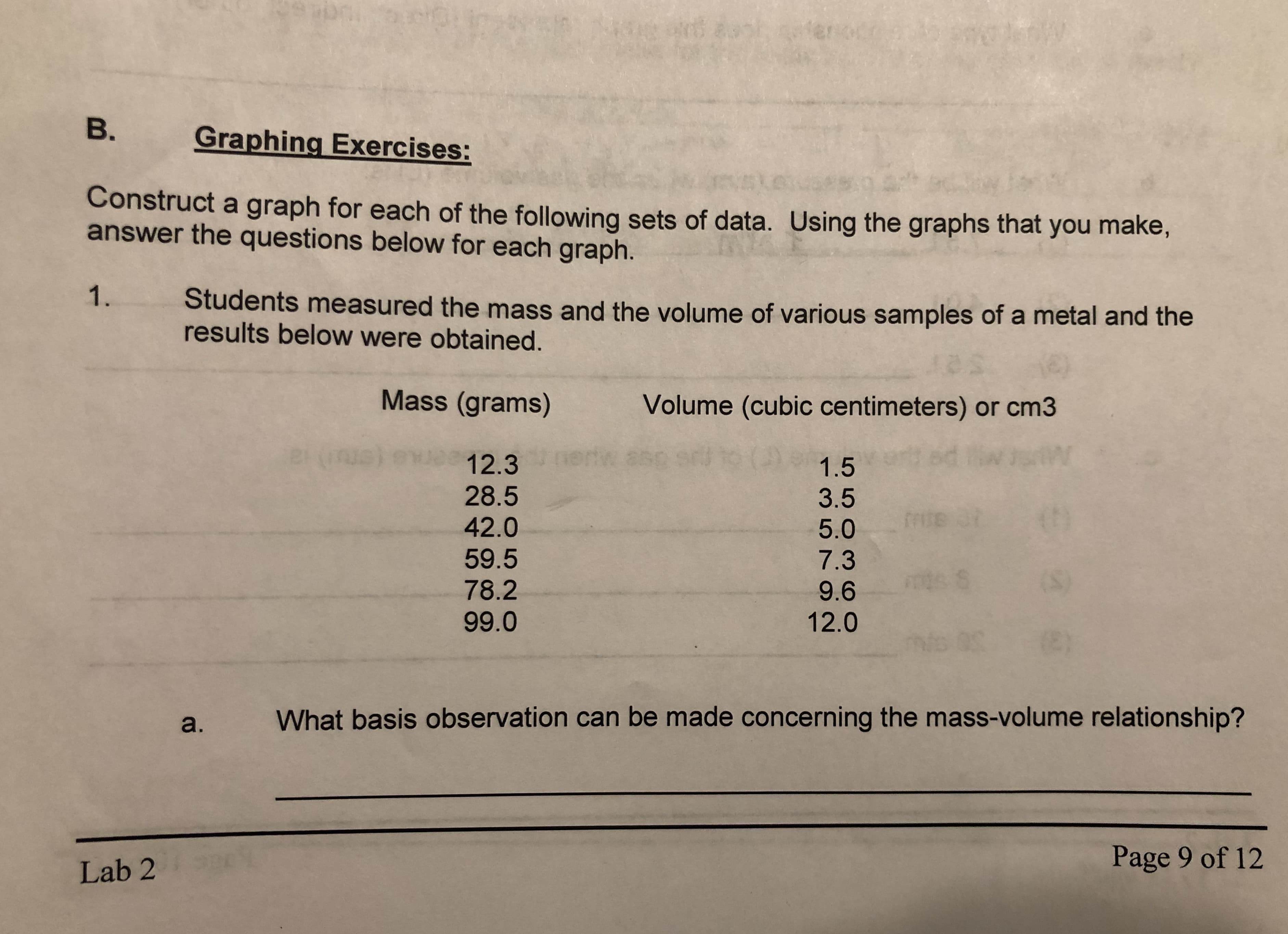 er
B.
Graphing Exercises:
Construct a graph for each of the following sets of data. Using the graphs that you make,
answer the questions below for each graph.
1.
Students measured the mass and the volume of various samples of a metal and the
results below were obtained.
Mass (grams)
Volume (cubic centimeters) or cm3
()1.5
12.3
28.5
3.5
frie
42.0
5.0
59.5
7.3
(S)
78.2
9.6
12.0
99.0
What basis observation can be made concerning the mass-volume relationship?
a.
Page 9 of 12
Lab 2
