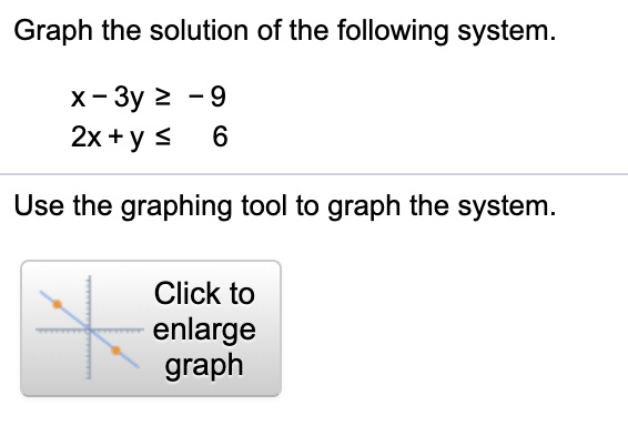 Graph the solution of the following system.
х- Зу 2 -9
2х +y S
6.
Use the graphing tool to graph the system.
Click to
enlarge
graph
