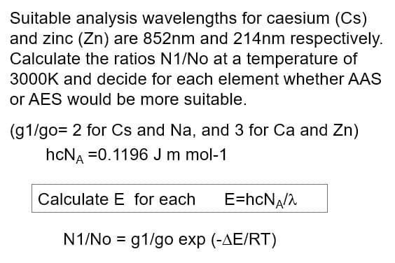 Suitable analysis wavelengths for caesium (Cs)
and zinc (Zn) are 852nm and 214nm respectively.
Calculate the ratios N1/No at a temperature of
3000K and decide for each element whether AAS
or AES would be more suitable.
(g1/go= 2 for Cs and Na, and 3 for Ca and Zn)
hcNA =0.1196 J m mol-1
Calculate E for each
E=hcNa/2.
N1/No = g1/go exp (-AE/RT)
