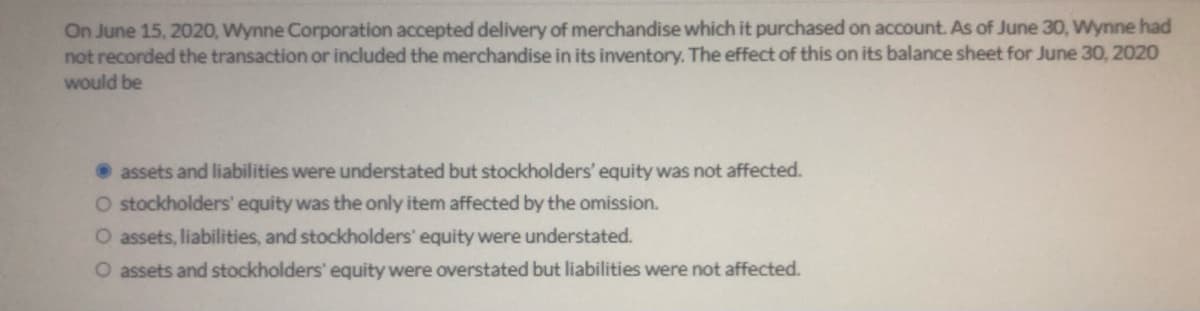 On June 15, 2020, Wynne Corporation accepted delivery of merchandise which it purchased on account. As of June 30, Wynne had
not recorded the transaction or included the merchandise in its inventory. The effect of this on its balance sheet for June 30, 2020
would be
• assets and liabilities were understated but stockholders' equity was not affected.
O stockholders' equity was the only item affected by the omission.
O assets, liabilities, and stockholders' equity were understated.
O assets and stockholders' equity were overstated but liabilities were not affected.
