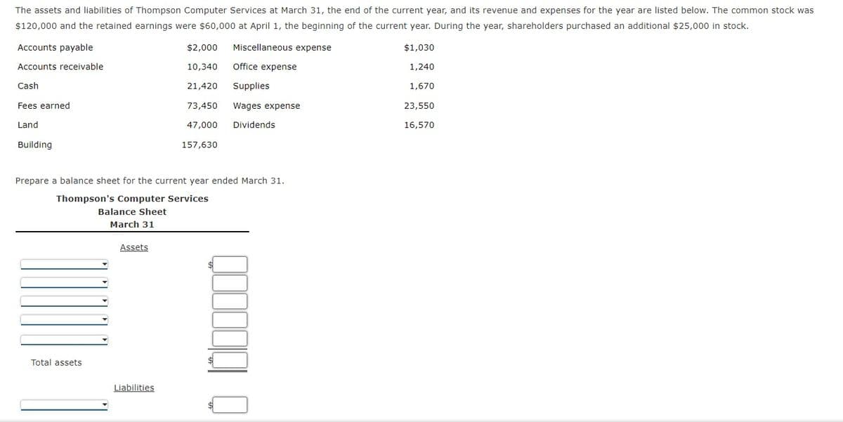 The assets and liabilities of Thompson Computer Services at March 31, the end of the current year, and its revenue and expenses for the year are listed below. The common stock was
$120,000 and the retained earnings were $60,000 at April 1, the beginning of the current year. During the year, shareholders purchased an additional $25,000 in stock.
Accounts payable
$2,000
Miscellaneous expense
$1,030
Accounts receivable
10,340
Office expense
1,240
Cash
21,420
Supplies
1,670
Fees earned
73,450
Wages expense
23,550
Land
47,000
Dividends
16,570
Building
157,630
Prepare a balance sheet for the current year ended March 31.
Thompson's Computer Services
Balance Sheet
March 31
Assets
Total assets
Liabilities
