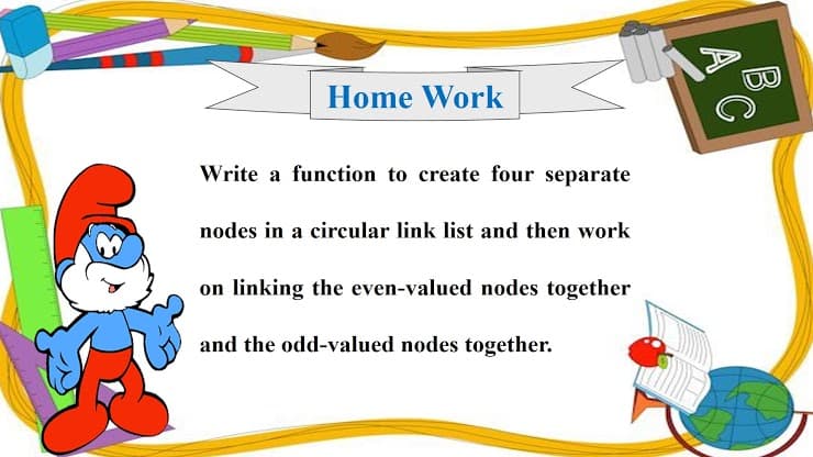 Home Work
Write a function to create four separate
nodes in a circular link list and then work
on linking the even-valued nodes together
and the odd-valued nodes together.
A C
