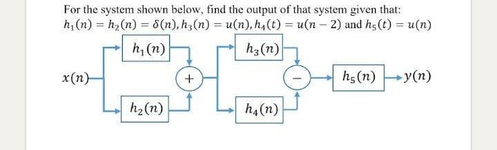For the system shown below, find the output of that system given that:
h, (n) = h,(n) = 8 (n), h3 (n) = u(n), h,(t) = u(n – 2) and h5(t) = u(n)
h, (n)
h3(n)
x(n)-
h5(n)
»y(n)
h2(n)
h4(n)
