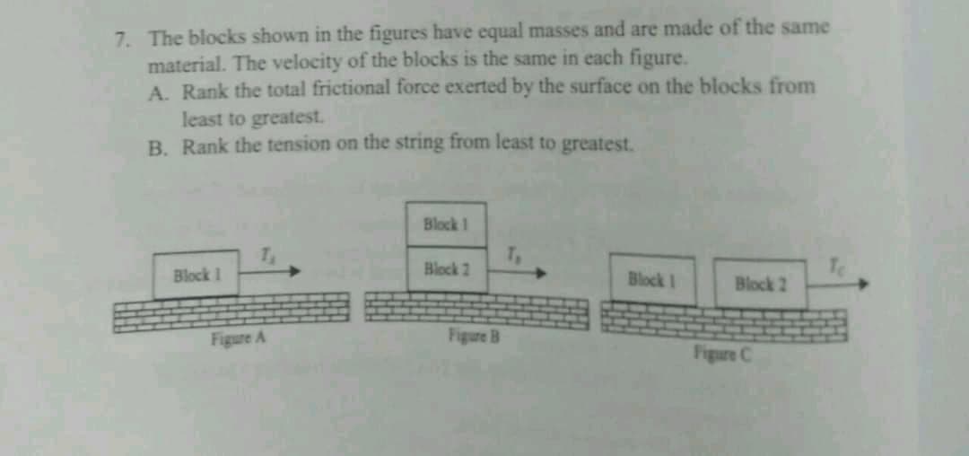 7. The blocks shown in the figures have equal masses and are made of the same
material. The velocity of the blocks is the same in each figure.
A. Rank the total frictional force exerted by the surface on the blocks from
least to greatest.
B. Rank the tension on the string from least to greatest.
Block 1
T,
Block 2
Block 1
Block I
Block 2
Figure A
Figure B
Figure C
