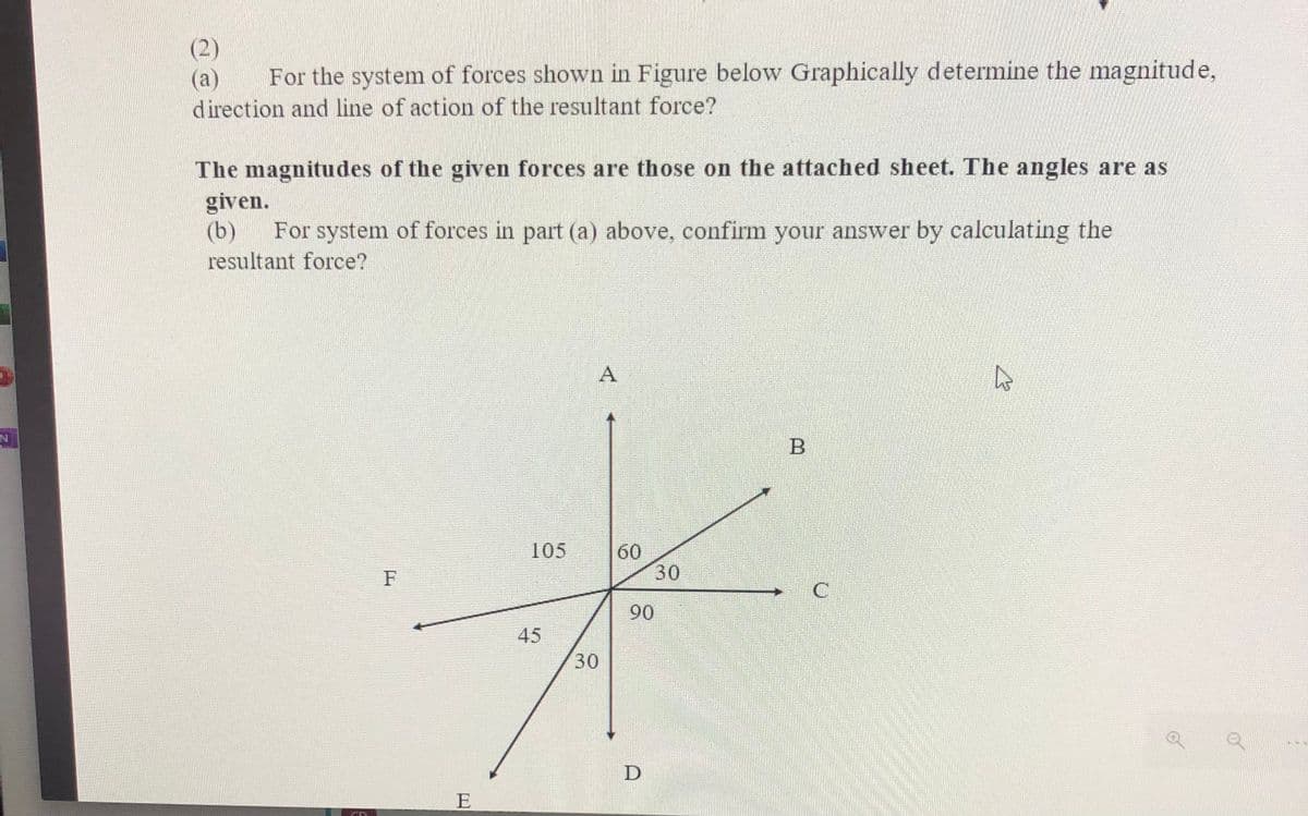 (2)
For the system of forces shown in Figure below Graphically determine the magnitude,
(a)
direction and line of action of the resultant force?
The magnitudes of the given forces are those on the attached sheet. The angles are as
given.
(b)
For system of forces in part (a) above, confirm your answer by calculating the
resultant force?
A
105
60
30
F
90
45
30
D
