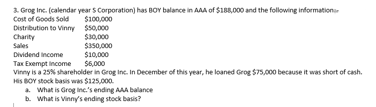 3. Grog Inc. (calendar year S Corporation) has BOY balance in AAA of $188,000 and the following information.in
Cost of Goods Sold
$100,000
$50,000
Distribution to Vinny
$30,000
Charity
Sales
Dividend Income
$350,000
$10,000
Tax Exempt Income
$6,000
Vinny is a 25% shareholder in Grog Inc. In December of this year, he loaned Grog $75,000 because it was short of cash.
His BOY stock basis was $125,000.
a. What is Grog Inc.'s ending AAA balance
b. What is Vinny's ending stock basis?