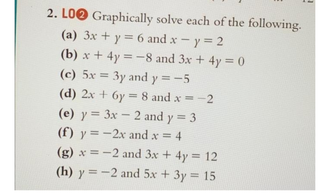 2. LOQ Graphically solve each of the following.
(a) 3x + y = 6 and x - y = 2
(b) x + 4y = -8 and 3x + 4y = 0
(c) 5x = 3y and y = -5
(d) 2x + 6y = 8 and x = -2
(e) y = 3x2 and y = 3
(f) y = -2x and x = 4
(g) x = -2 and 3x + 4y = 12
(h) y = -2 and 5x + 3y = 15