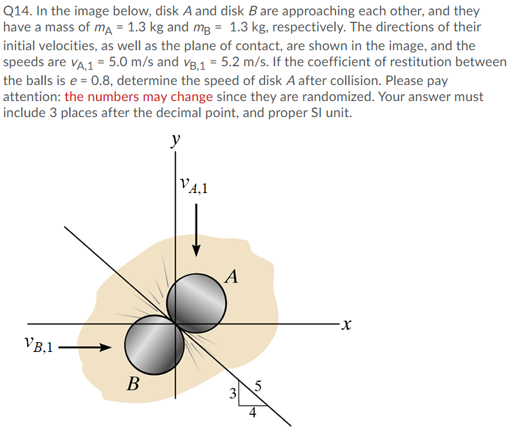 Q14. In the image below, disk A and disk Bare approaching each other, and they
have a mass of ma = 1.3 kg and mg = 1.3 kg, respectively. The directions of their
initial velocities, as well as the plane of contact, are shown in the image, and the
speeds are va 1 = 5.0 m/s and vB.1 = 5.2 m/s. If the coefficient of restitution between
the balls is e = 0.8, determine the speed of disk A after collision. Please pay
attention: the numbers may change since they are randomized. Your answer must
include 3 places after the decimal point, and proper SI unit.
y
VA,1
A
X-
VB,1
В
3
