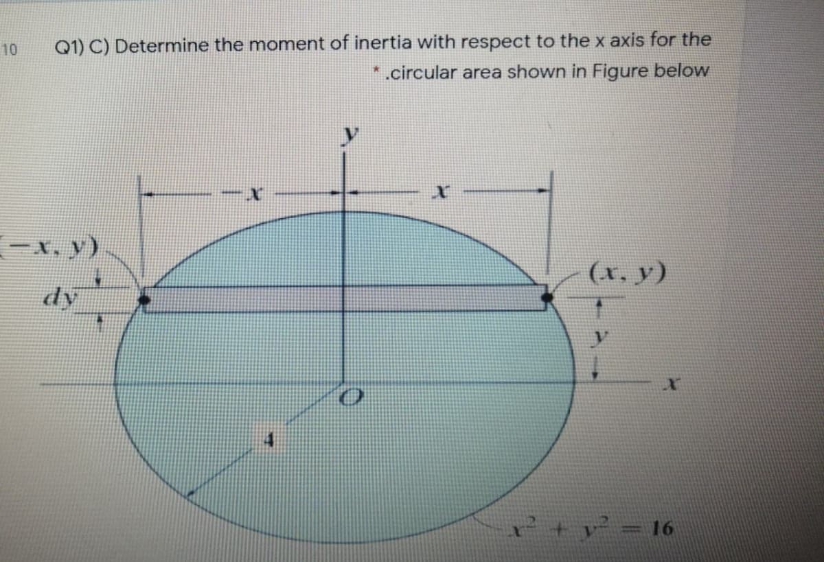 Q1) C) Determine the moment of inertia with respect to the x axis for the
*.circular area shown in Figure below
10
-X, y).
(x. y)
dy
16
