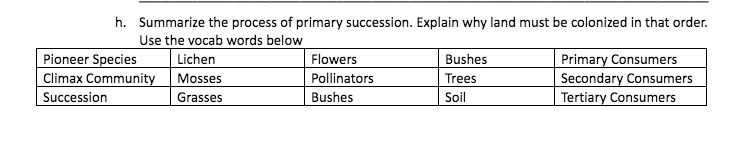 h. Summarize the process of primary succession. Explain why land must be colonized in that order.
Pioneer Species
Climax Community
Succession
Use the vocab words below
Lichen
Mosses
Flowers
Pollinators
Primary Consumers
Secondary Consumers
Bushes
Trees
Grasses
Bushes
Soil
Tertiary Consumers
