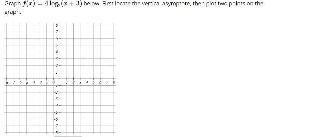 Graph f(æ)
graph.
:4 log, (x + 3) below. First locate the vertical asymptote, then plot two points on the
구
6
4
s -7 -6 -5
-3 -2
-2
-4
-6
-8+
