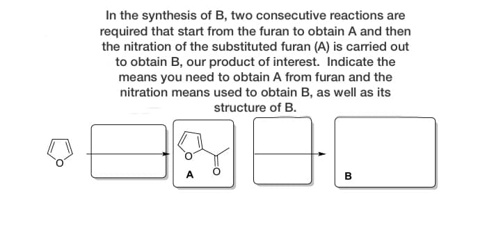 In the synthesis of B, two consecutive reactions are
required that start from the furan to obtain A and then
the nitration of the substituted furan (A) is carried out
to obtain B, our product of interest. Indicate the
means you need to obtain A from furan and the
nitration means used to obtain B, as well as its
structure of B.
A
в
