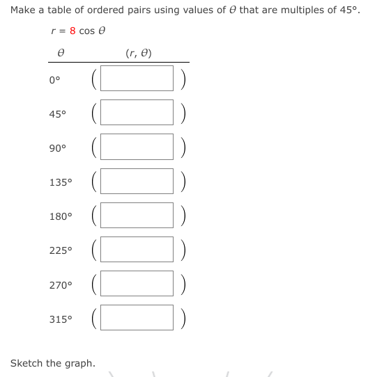 Make a table of ordered pairs using values of e that are multiples of 45°.
r = 8 cos e
(r, 0)
0°
45°
90°
135°
180°
225°
270°
315°
Sketch the graph.
