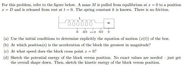 For this problem, refer to the figure below. A mass M is pulled from equilibrium at r = 0 to a position
I = D and is released from rest at t = 0. The spring constant k is known. There is no friction.
M
-D D/2 x=0 D/2 D
(a) Use the initial conditions to determine explicitly the equation of motion (r(t)) of the box.
(b) At which position(s) is the acceleration of the block the greatest in magnitude?
(c) At what speed does the block cross point z = 0?
(d) Sketch the potential energy of the block versus position. No exact values are needed - just get
the overall shape down. Then, sketch the kinetic energy of the block versus position.
