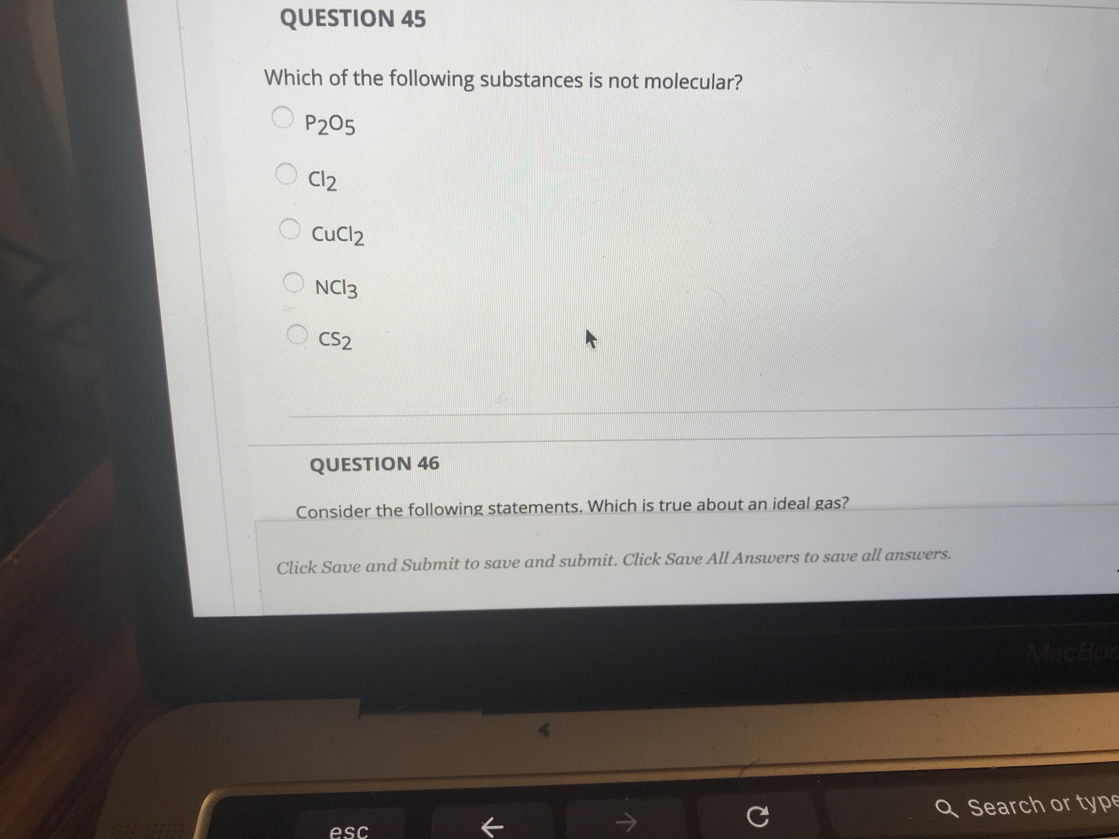 Which of the following substances is not molecular?
P205
